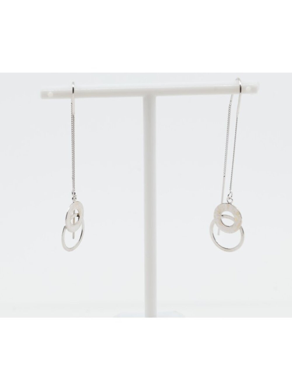 Unique 14K White Gold Double Circle Drop Dangle Cable Link Chain Stud Earrings